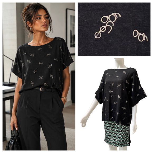 Dianne B. Tops - Vtg 80s Dianne B Made in Japan Retro Glasses Print Boxy Top Black M Office Siren